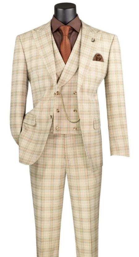 Plaid Suits - Windowpane Khaki Suit - Peak Lapel Style