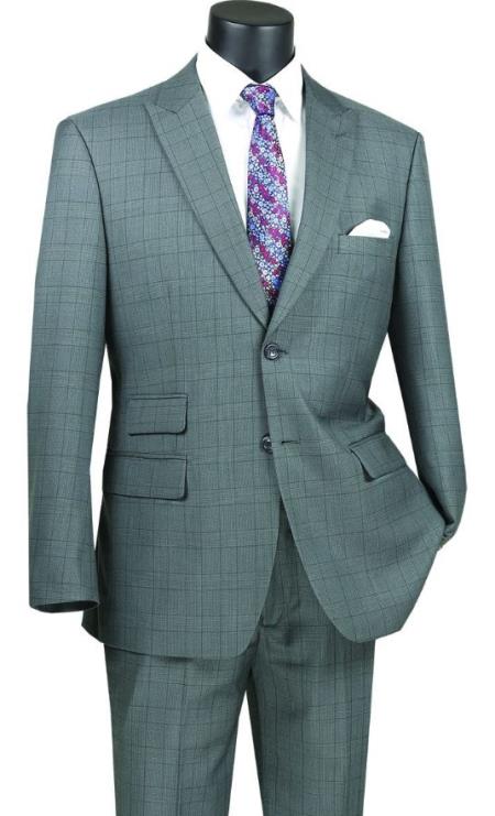 Plaid Suits - Windowpane Gray Suit - Peak Lapel Style