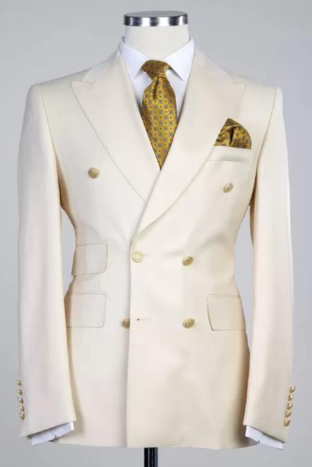 Off White - Ivory - Cream Color White Double Breasted Stylish Peaked Lapel Men Suits
