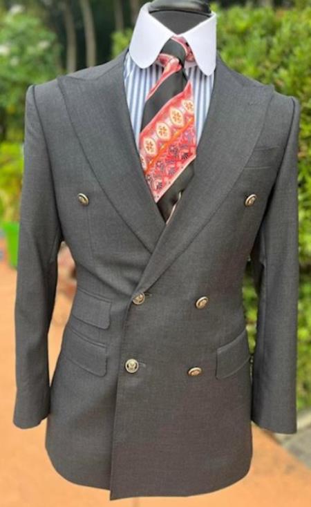 Charcoal Grey Double Breasted Suit With Gold Buttons - %100 Wool Suit