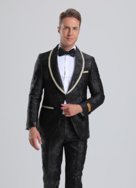 Black and Gold Paisley - Black and Gold Floral Suit With Bowtie With Pants