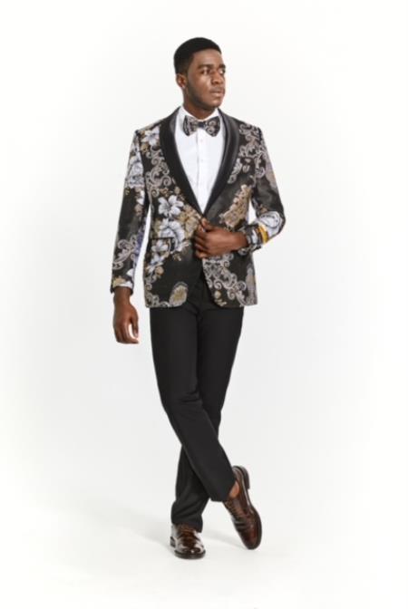 Black and Gold Paisley - Black and Gold Floral Suit With Bowtie With Pants