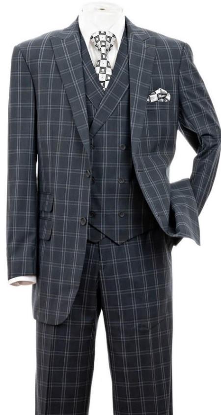 Mens 3 Piece Windowpane Suit Gray Double Breasted Vest