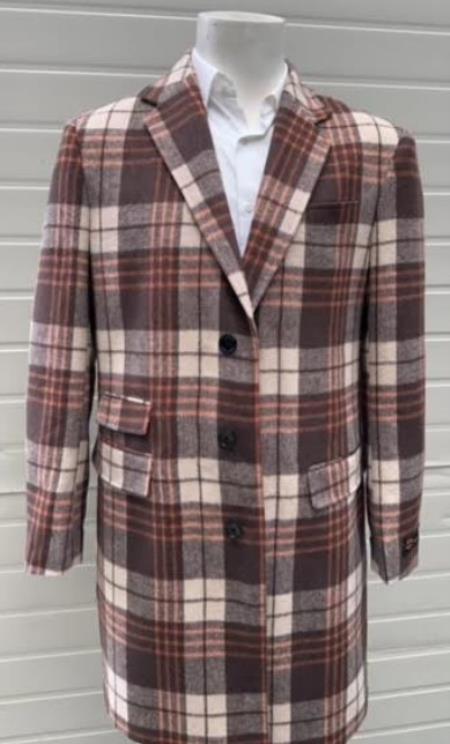 Mens Plaid Overcoat - Checkered Carcoat - 100% Wool Three Quarter Peacoat