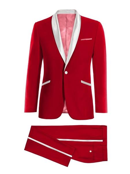 Red and White Lapel Tuxedo Suit Shawl Collar With Vest Weddi
