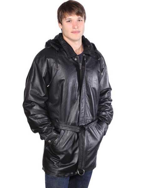 Men's Classic Black Leather Removable Belt Jacket With Zip O