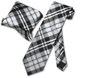  Jet Black Gray White NeckTie & Handkerchief Matching Tie