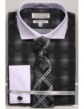  mens Black woven design white Collared French Cuffed Slim