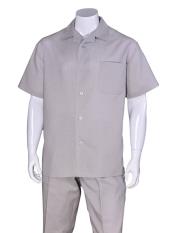  Mens Gray Plain Short Sleeve Mens 2 Piece Linen