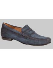  JSM-6527 Mens Blue Vintage Suede Penny Loafer Leather Shoes