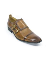  GD1576 Mens Slip On Leather Double Buckle Cognac Loafers