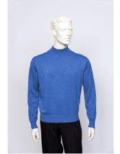  Men's TULLIANO Solid Silk Blend Brighton Mens Long Sleeve Mock Neck Fine Gauge Knit Denim Sweater 