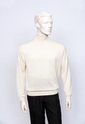 Men's Long Sleeve Turtle Ivory Neck Fine Gauge Knit Sweater 
