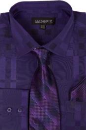  Geometric Pattern Dress Shirt with Tie and Handkerchief Purple