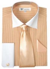  Classic French Cuff Striped Dress Shirt with Tie and