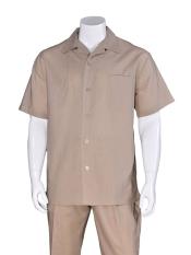  Mens Khaki Plain Short Sleeve Mens 2 Piece Linen