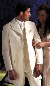  White~Cream Tuxedo 355\ Length Coat Large Satin Notch Lapels