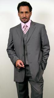  Button Style Gray~Grey three piece suit Vested 3 Piece