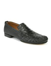  JSM-6407 Mens Black Ostrich Skin Slip-on Loafers Leather Shoes