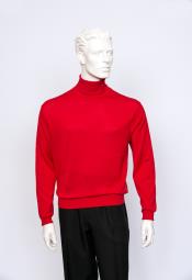 Men's Turtle Neck Fine Gauge Knit Turtle Red Long Sleeve Sweater 