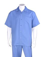  Mens Casual Short Sleeve Plain Two Pieces Sky Blue