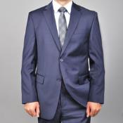  2 Button Style Wool Fabric Suit Solid Navy Blue