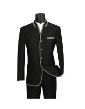  Black Slim Fit Four Button Banded Collar Single Breasted