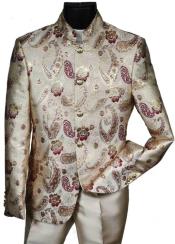  With Burgundy Pattern Mandarin Banded Collar Paisley Suit -