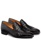  Black Color Ostrich Skin Penny Loafer Style Shoes