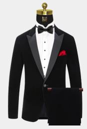  Men One Button Black Velvet Tuxedo