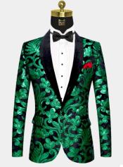  One Button Black and Green Velvet Tuxedo Jacket with