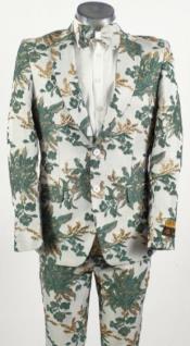  Hunter Green ~ White 2 Button Floral Paisley Prom