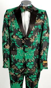  Hunter Green ~ Black 2 Button Floral Paisley Tuxedo