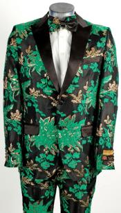 Hunter Green and Black 2 Button Floral Paisley Tuxedo