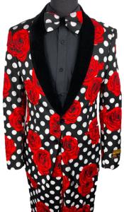  Black and White Polka Dot Prom Tuxedo with Roses