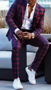  Mens Burgundy and Navy Plaid Suit
