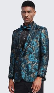  Turquoise And Grey Tuxedo Jacket Floral Pattern Slim Fit