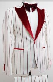  One Button Pinstripe Pattern Suit White and Red