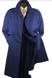  Navy Blue Belted Overcoat - Wool