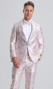  Fancy Pink Floral Paisley Prom Tuxedo with Silver Trim